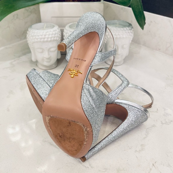 PRADA SILVER GLITTER STRAP PLATFORM SHOES - Picture 6 of 13
